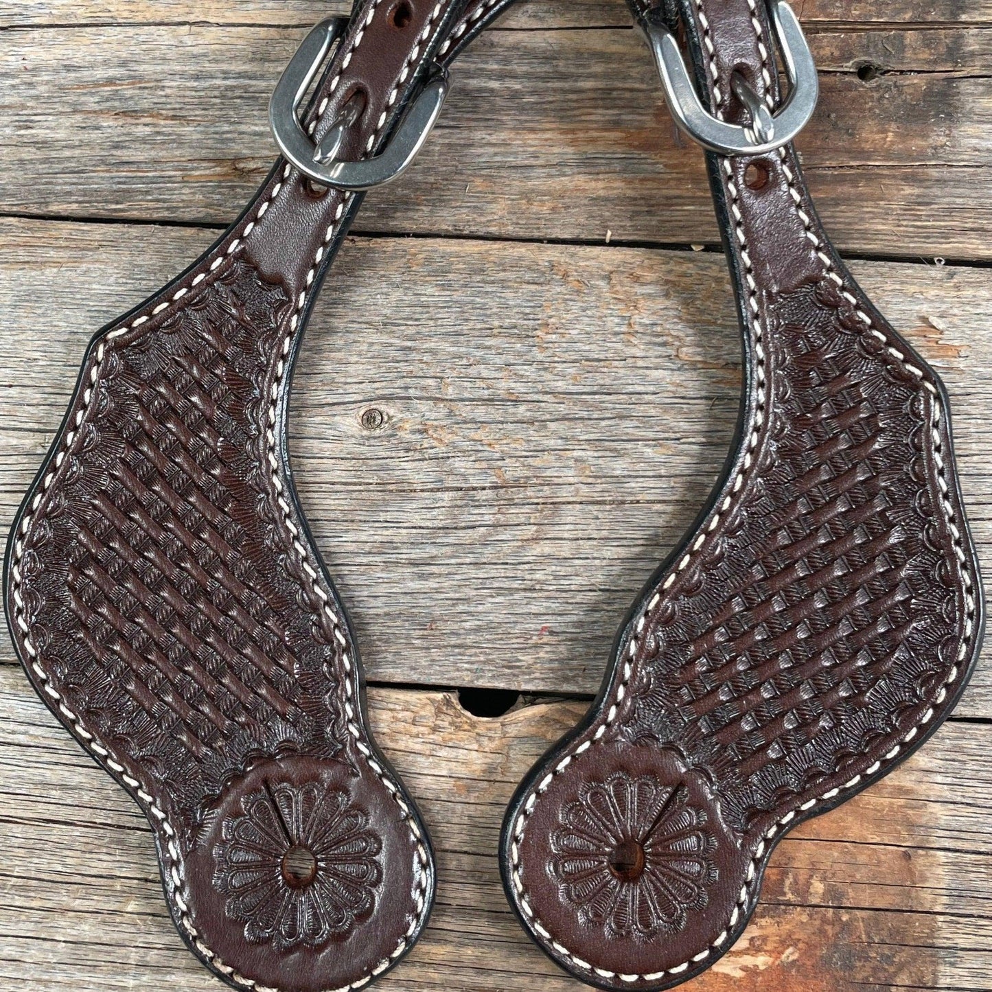 Dark Oil Genuine Leather Basketweave Tooled Spur Straps