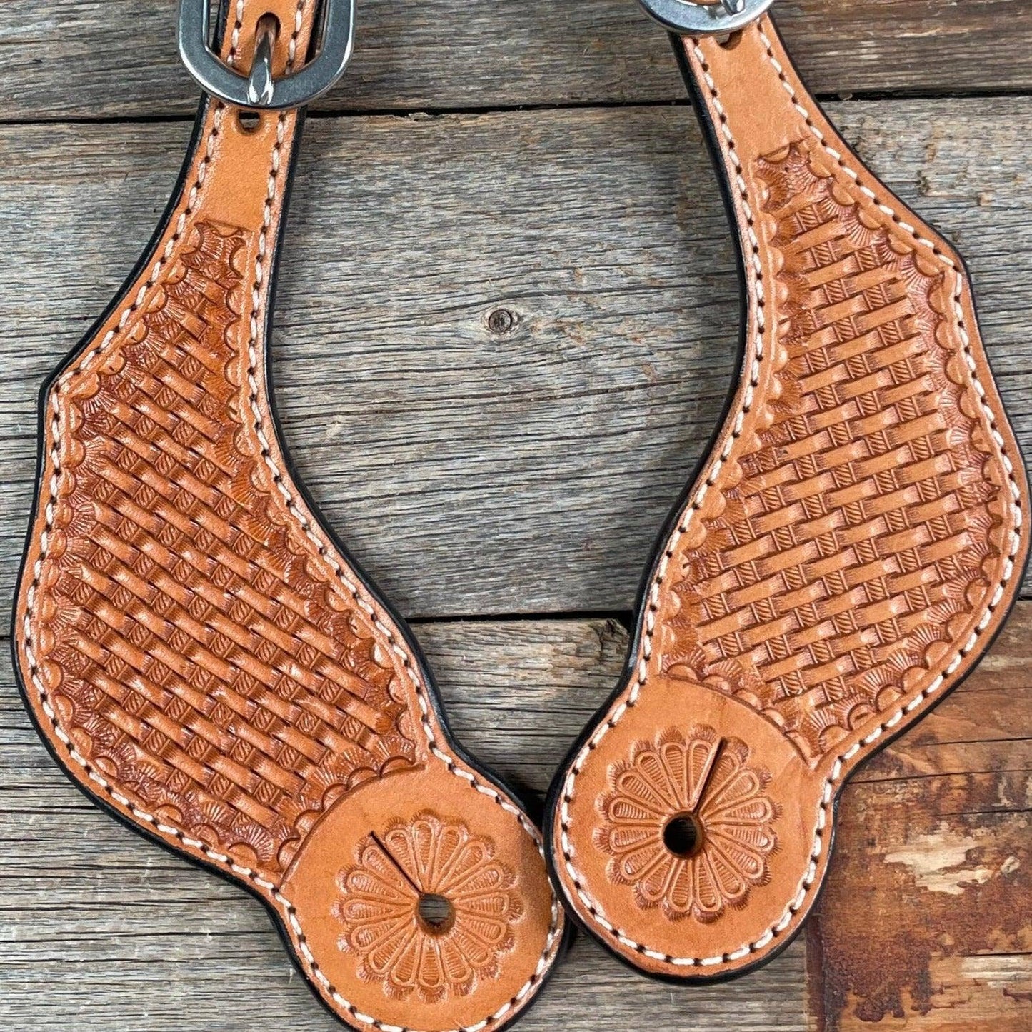 Light Oil Genuine Leather Basketweave Tooled Spur Straps