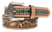 Hooey War Paint Leather Feather & Filigree Embossed Belt with Red & Turquoise Accents