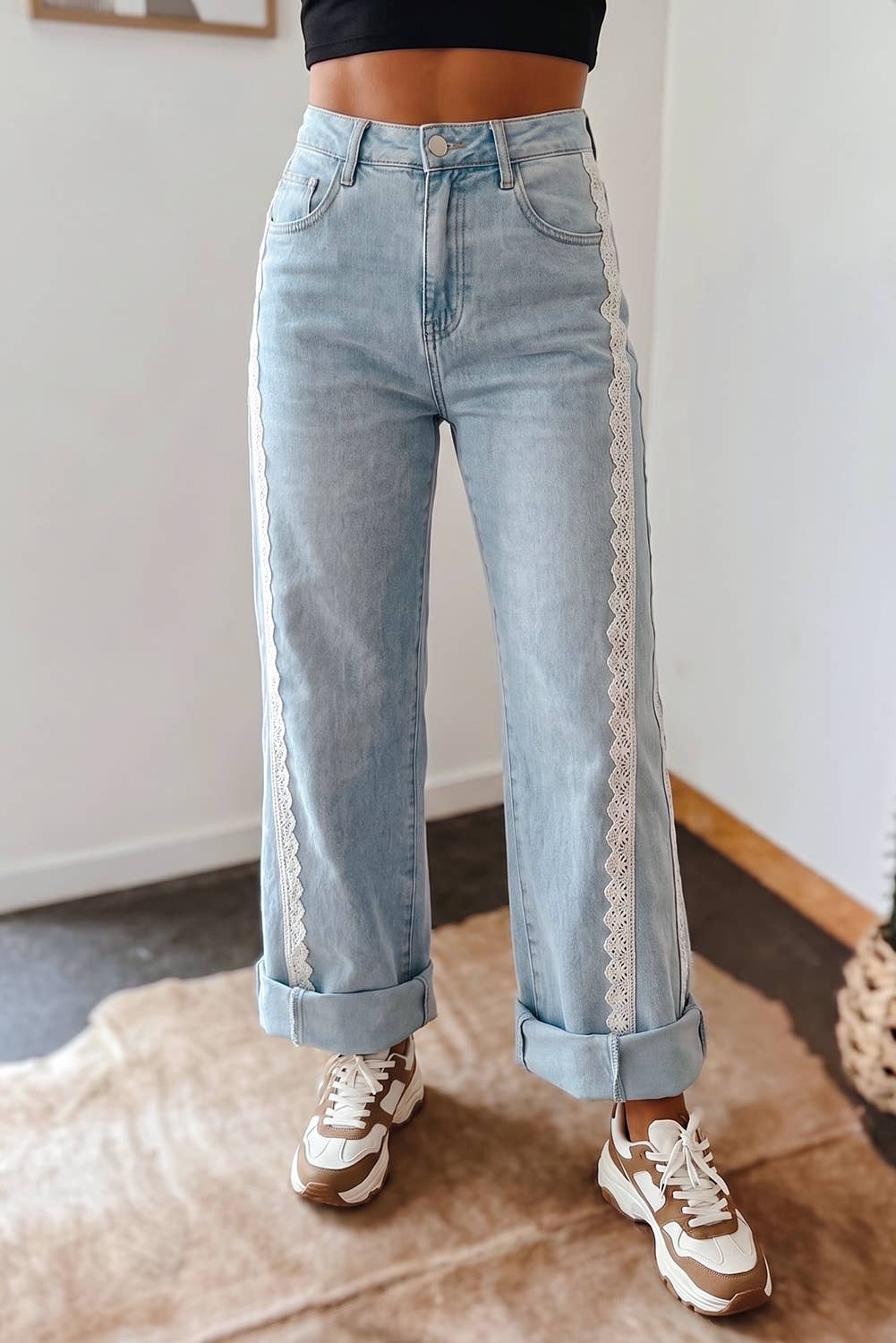 Fall 26 Lace Trim Casual Full-Length Regular Fit Jeans