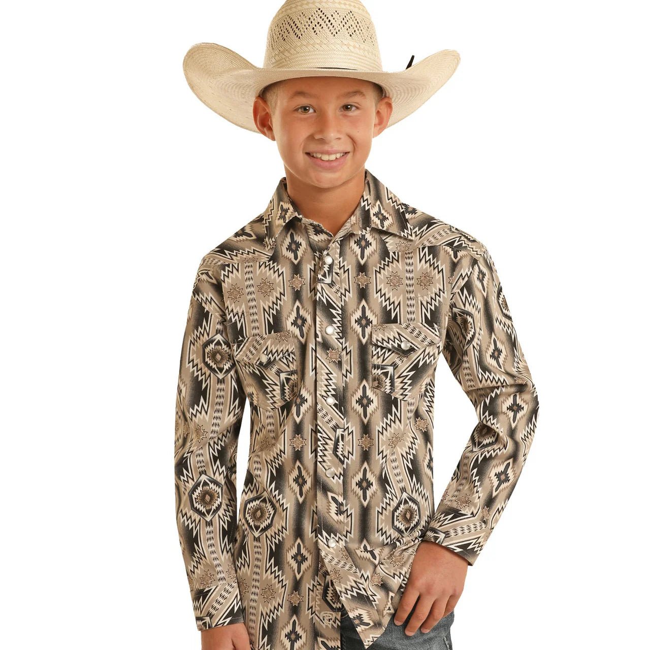Rock & Roll Denim Boys Black & Brown Aztec Long Sleeve Snap Shirt