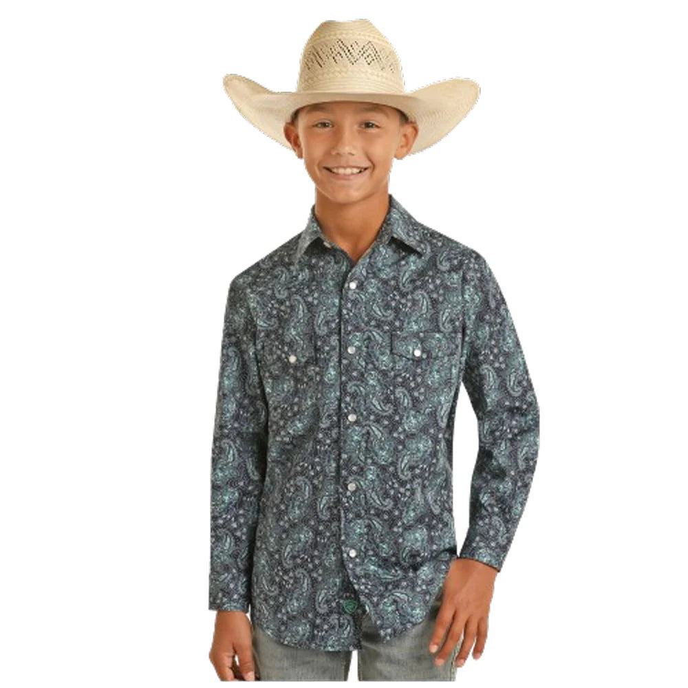 Rock & Roll Denim Boys Blue & Teal Paisley Long Sleeve Button Up