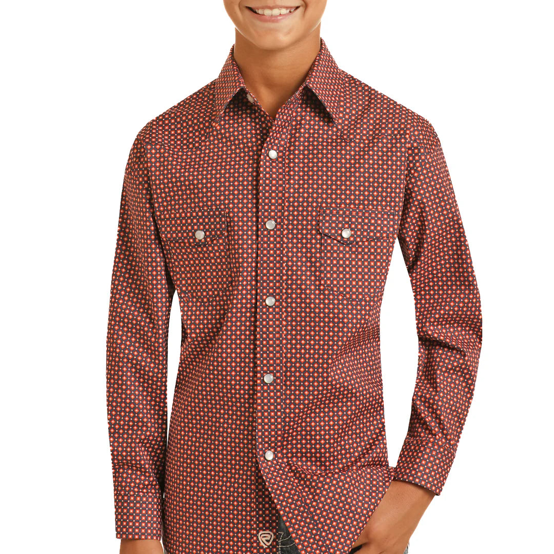 Rock & Roll Denim Boys Navy & Red Diamond Snap Long Sleeve