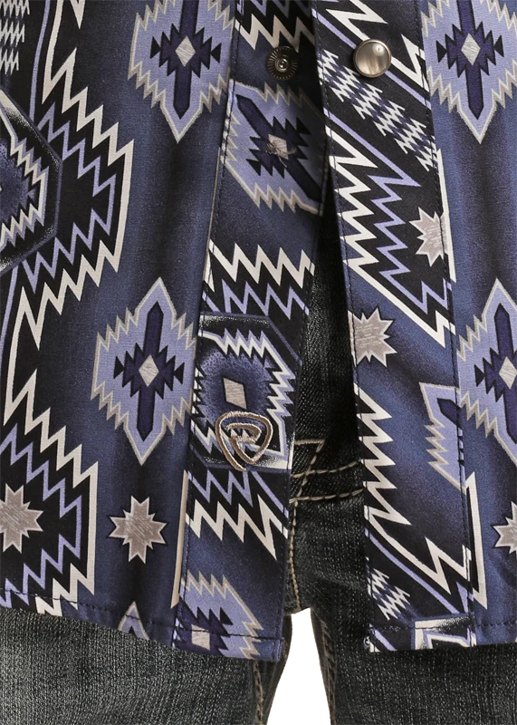 Rock & Roll Denim Blue Bold Aztec Short Sleeve Button Up