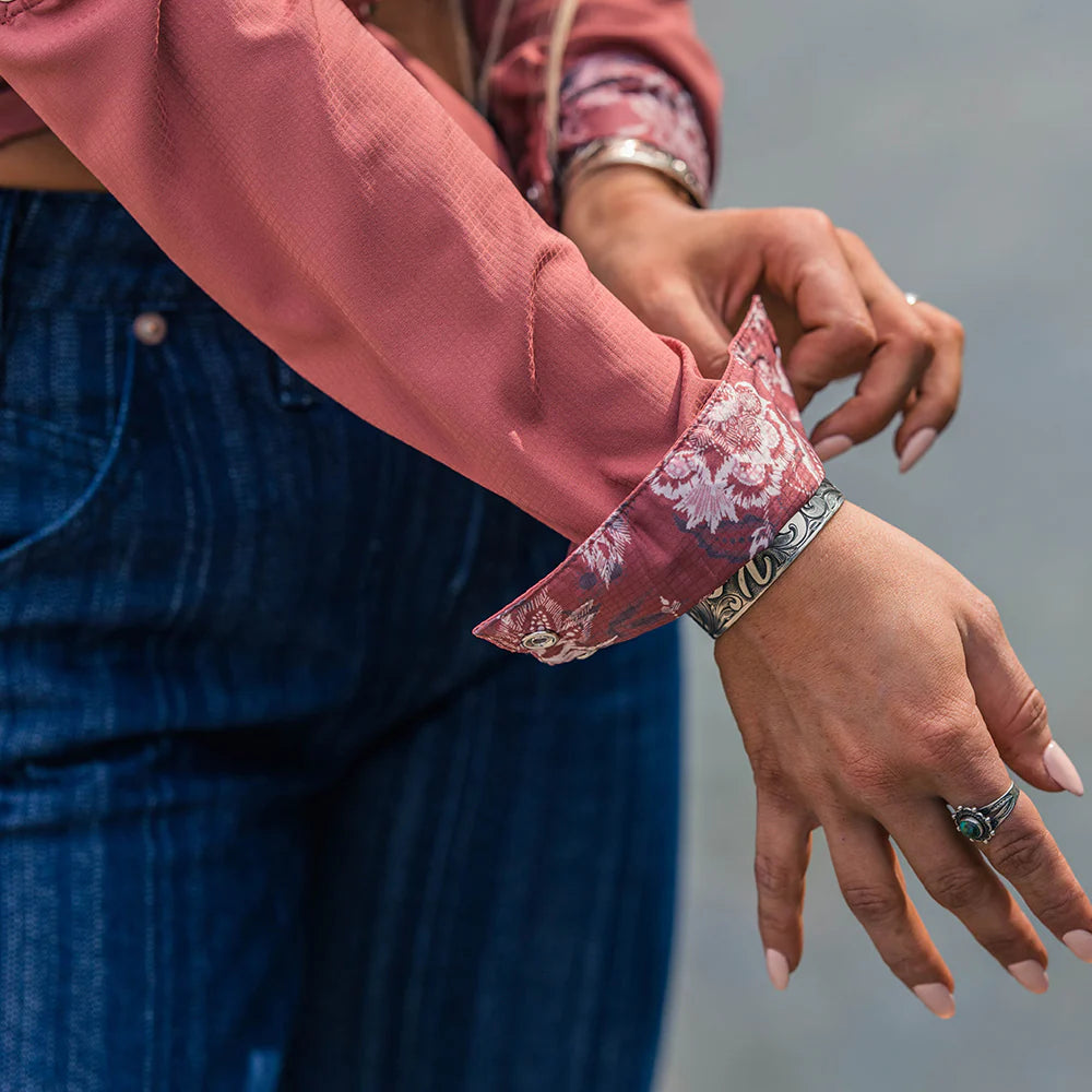 “Sol” Ladies Violet Western Floral Pattern All Over Long Sleeve Pearl Snap