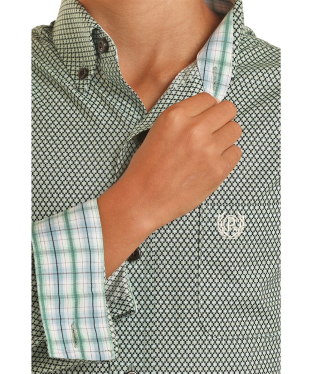 Rock & Roll Denim Boys Green Micro Geo Long Sleeve Button Up