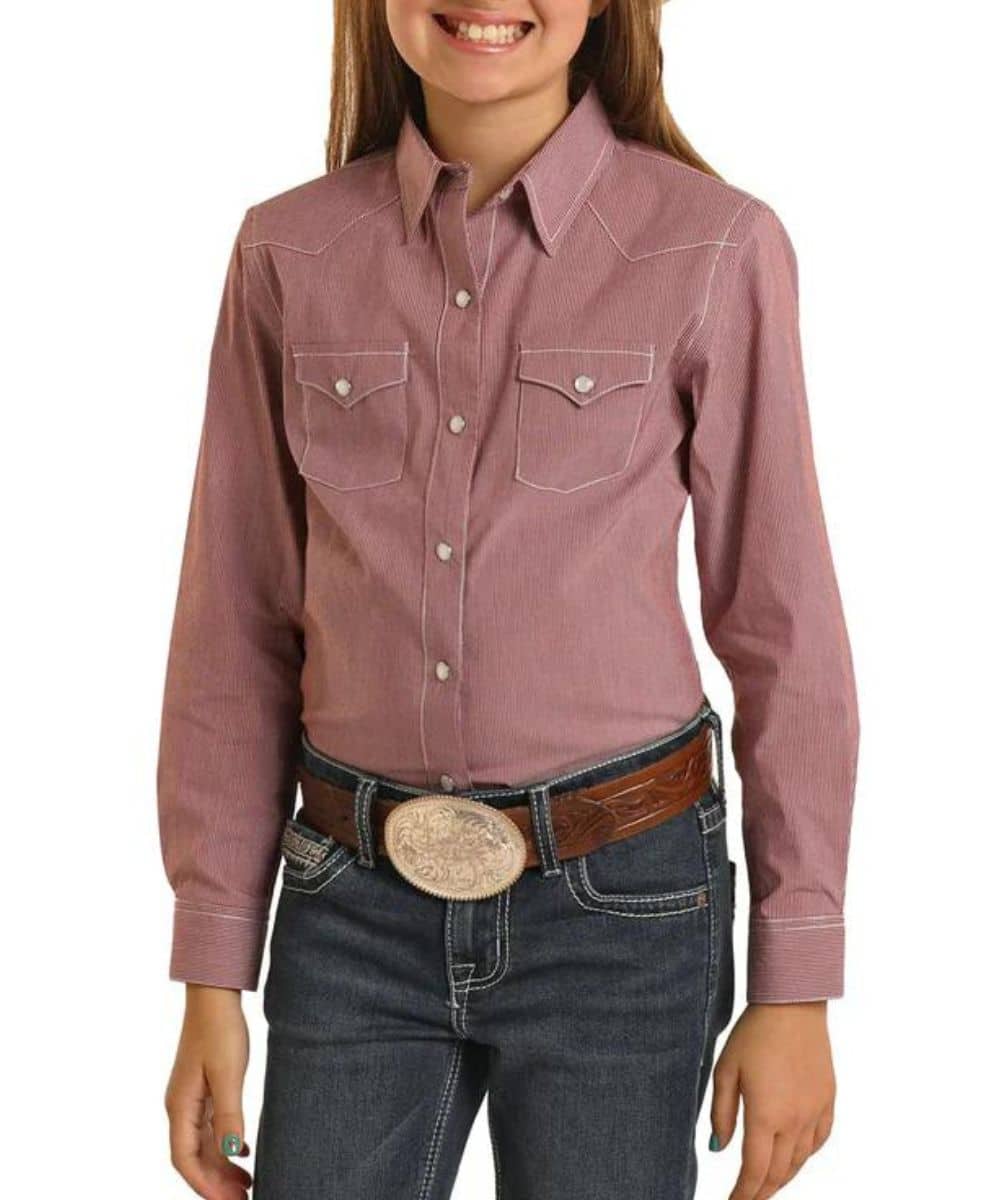 Panhandle Girls Burgundy Stripe Long Sleeve Snap Shirt