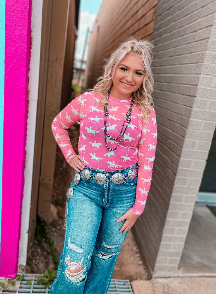 PRETTY IN PINK LONG SLEEVE MESH TOP