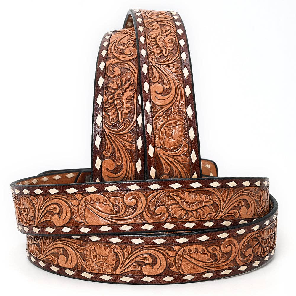 Hand tooled Western Leather Belt with Matching Buckle