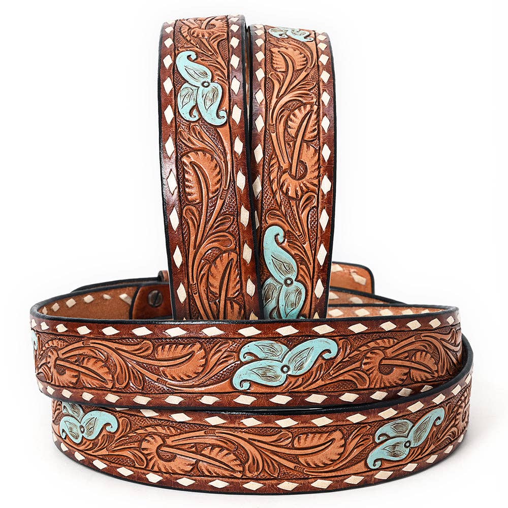 Handtooled Western Leather Belt with Turquoise & Floral Buckle