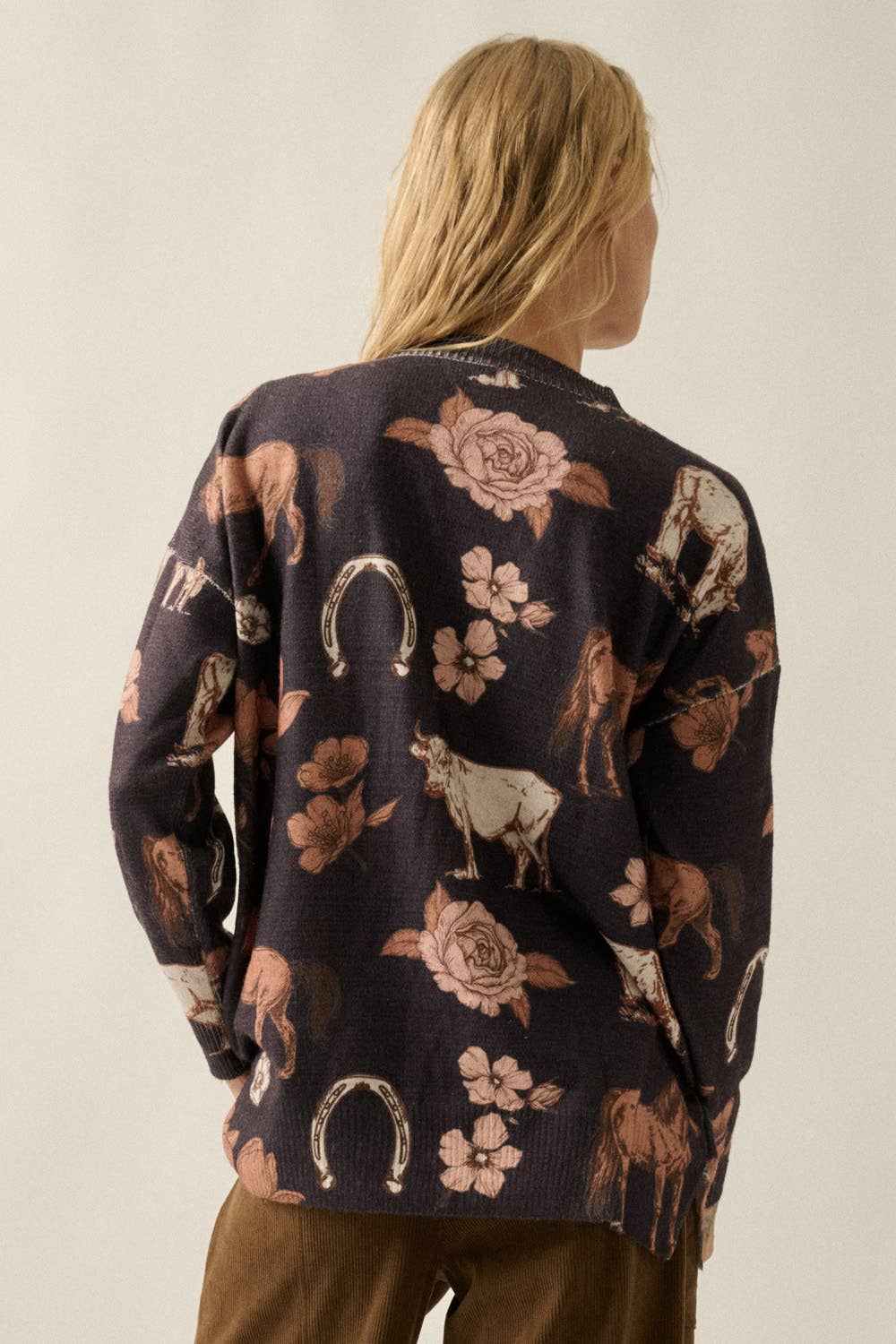 Allover Western Floral-Print Knit Sweater