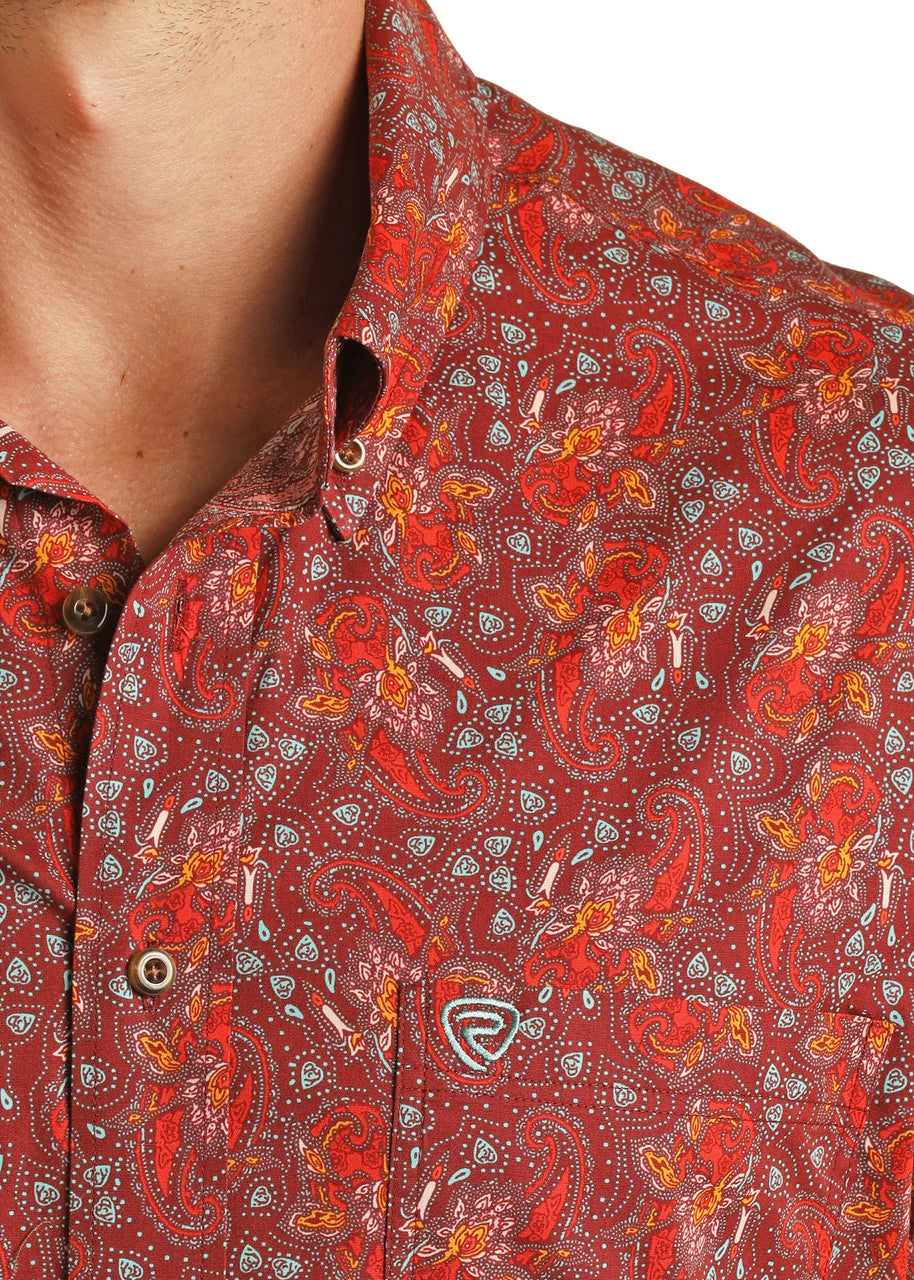 Rock & Roll Denim Red Paisley Long Sleeve Button Up