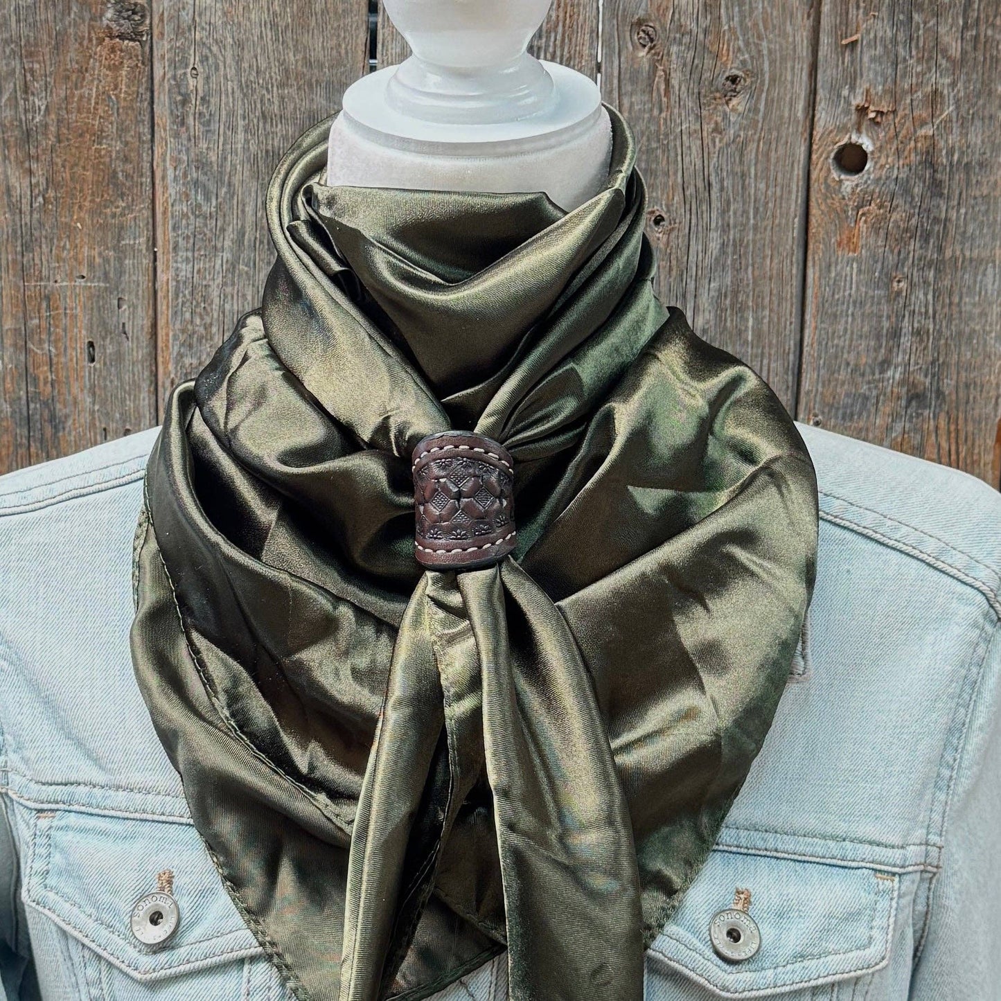 35X35" Solid Olive Wild Rag / Scarf with Tooled Leather Wild Rag Slides