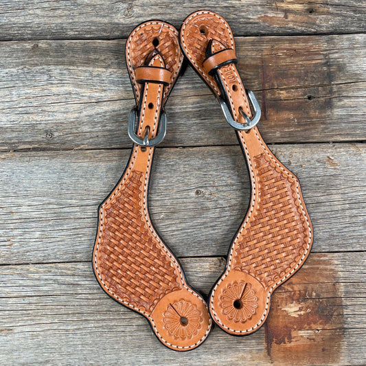 Light Oil Genuine Leather Basketweave Tooled Spur Straps