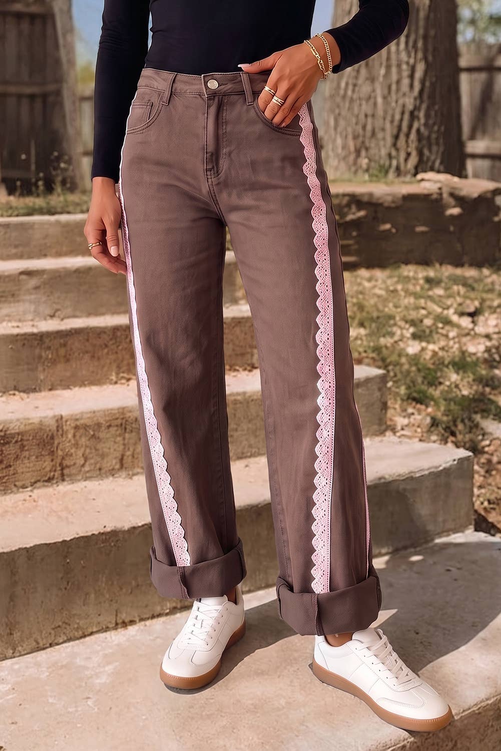 Fall 26 Lace Trim Casual Full-Length Regular Fit Jeans