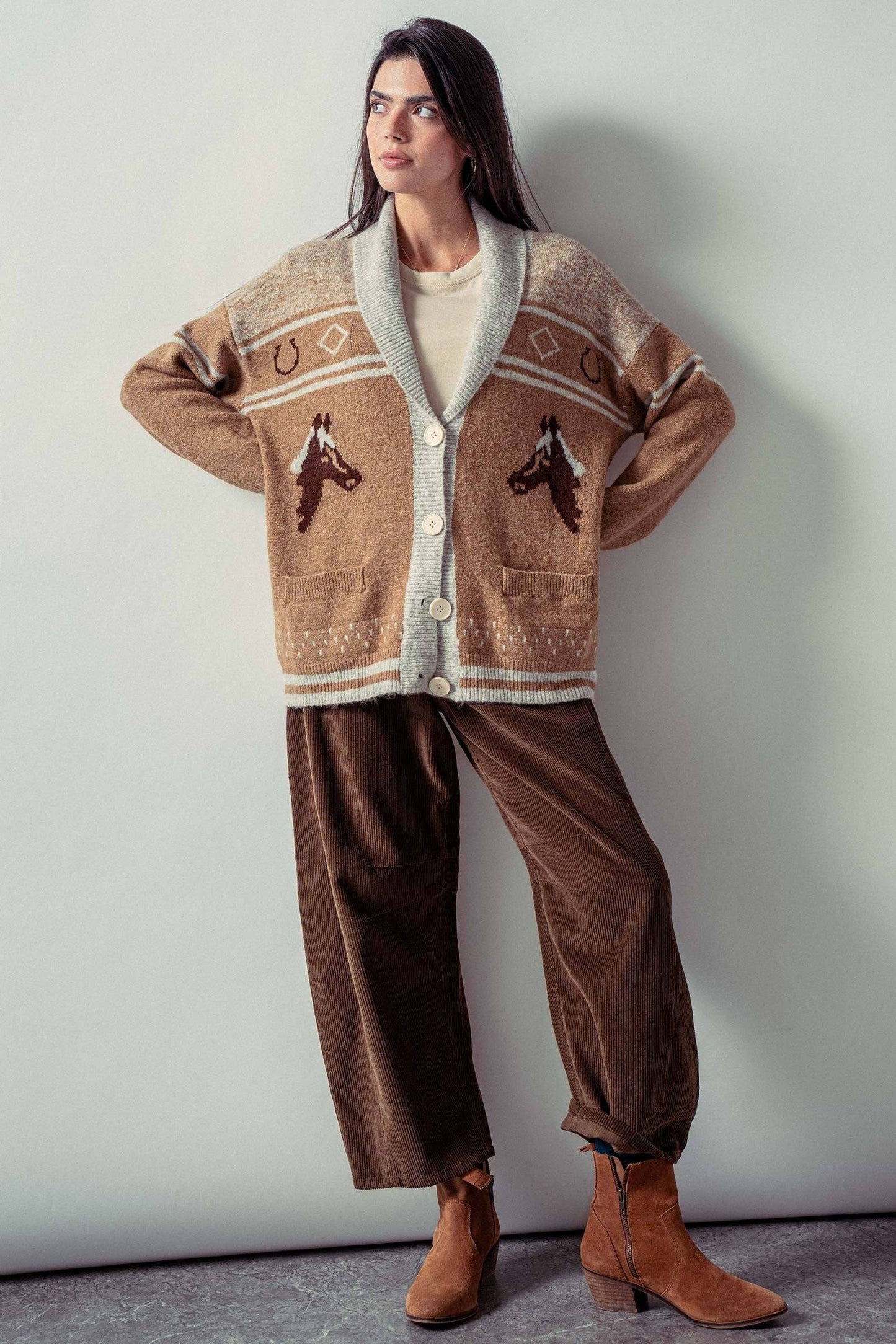 Retro Knit Shawl Cardigan with Horse Pattern