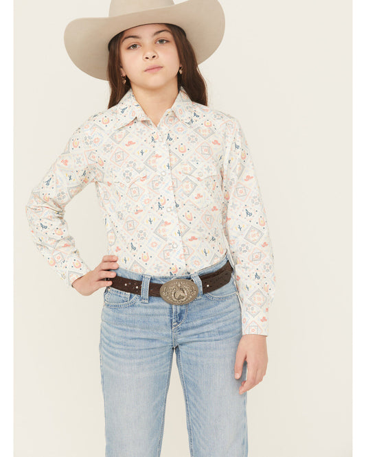 PANHANDLE SLIM GIRLS' CONVERSATION PRINT LONG SLEEVE SNAP WESTERN SHIRT