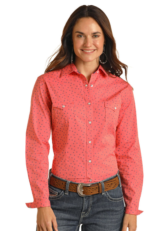 Panhandle Coral & Blue Medallion Long Sleeve Snap Shirt