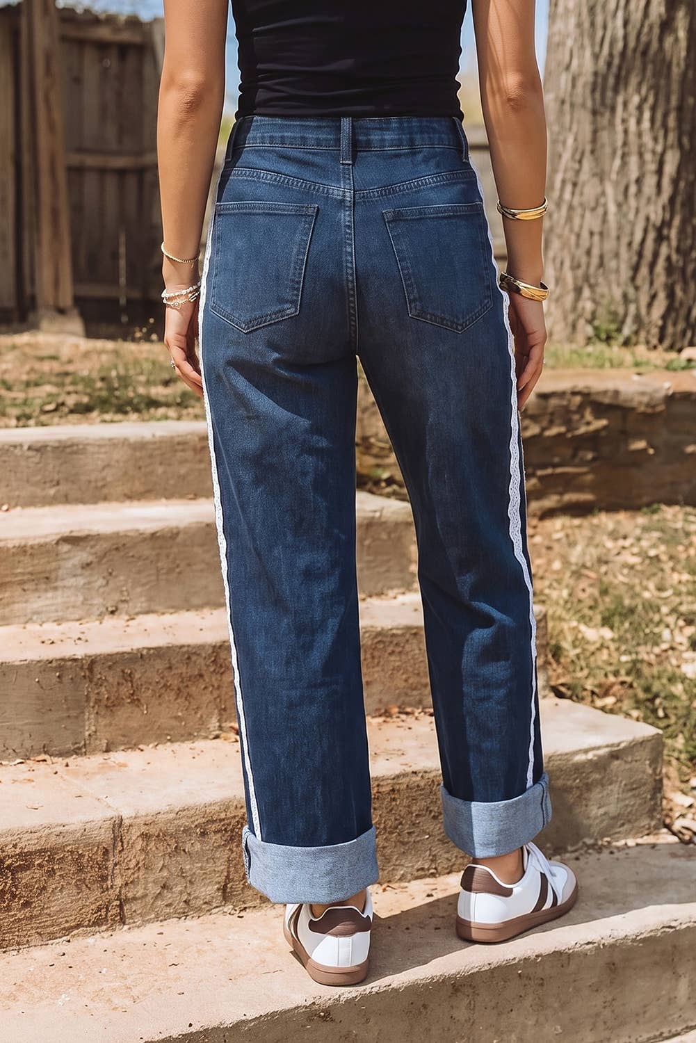Fall 26 Lace Trim Casual Full-Length Regular Fit Jeans