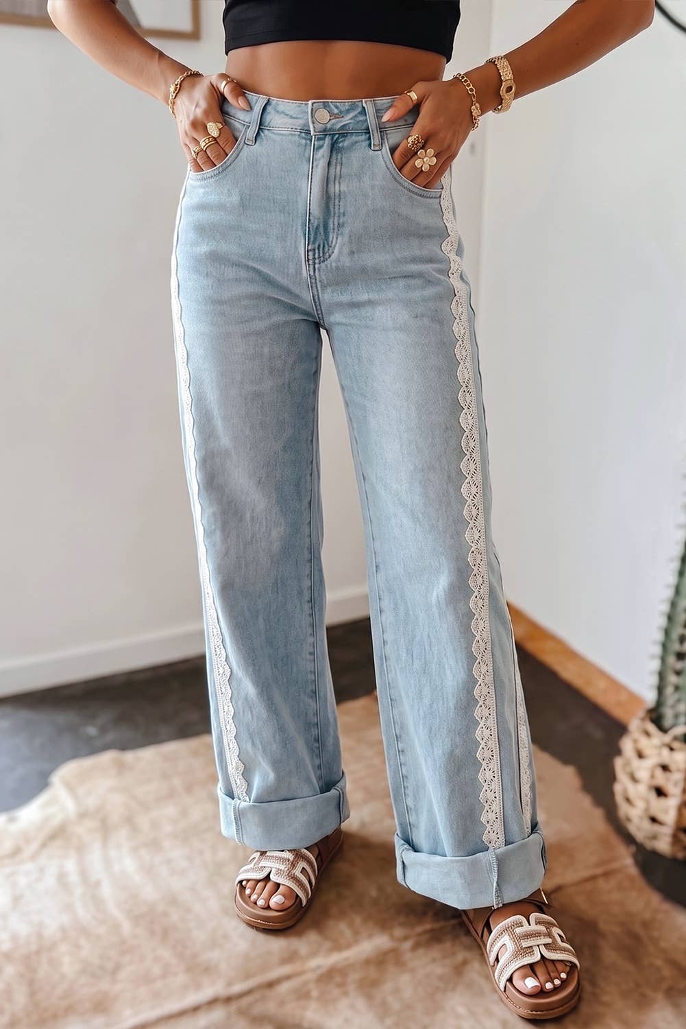 Fall 26 Lace Trim Casual Full-Length Regular Fit Jeans