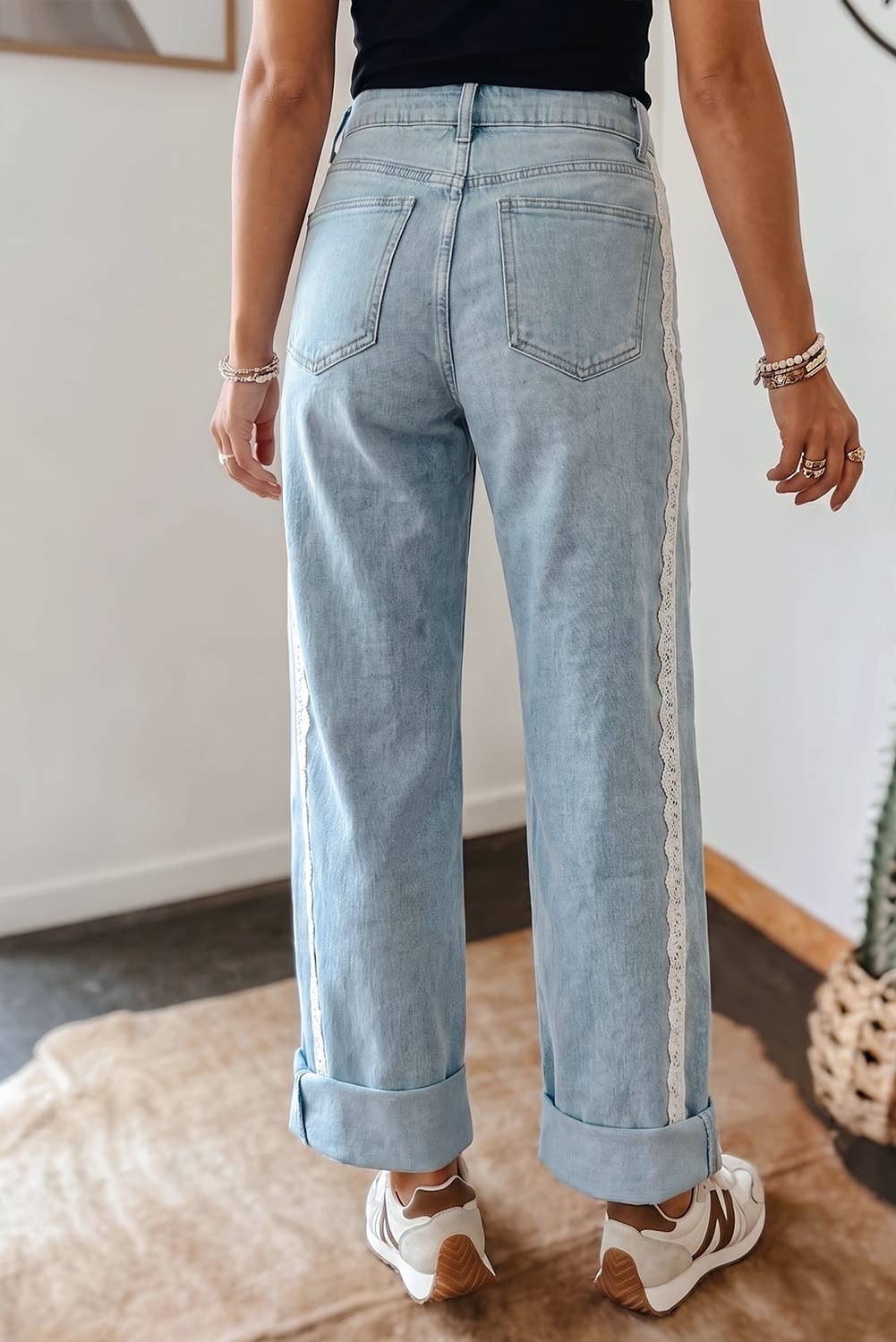 Fall 26 Lace Trim Casual Full-Length Regular Fit Jeans