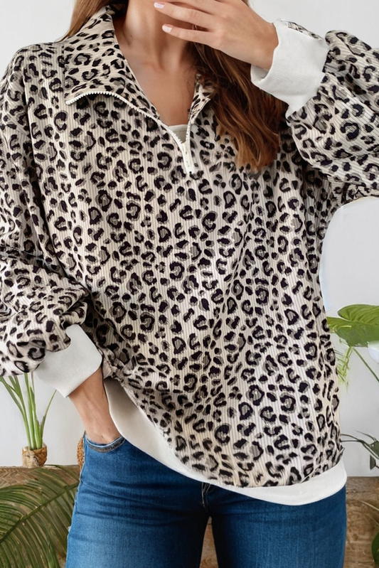 Leopard Quarter Zip Corduroy Sweatshirt
