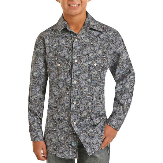 Rock & Roll Denim Boys Blue Paisley Long Sleeve Button Up