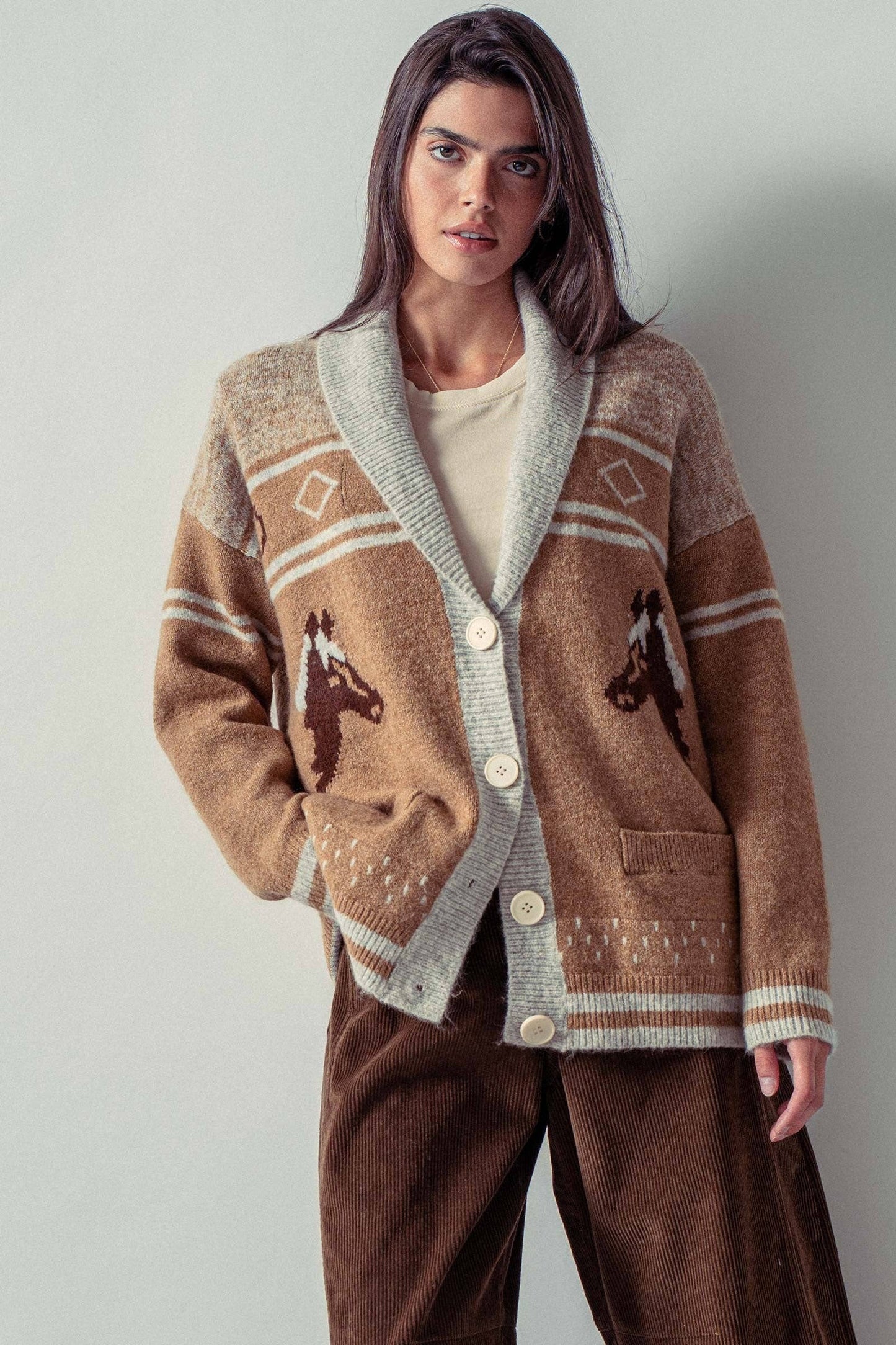 Retro Knit Shawl Cardigan with Horse Pattern