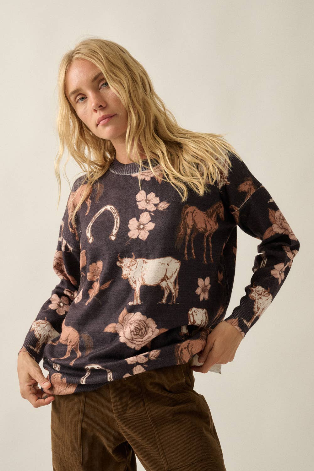 Allover Western Floral-Print Knit Sweater