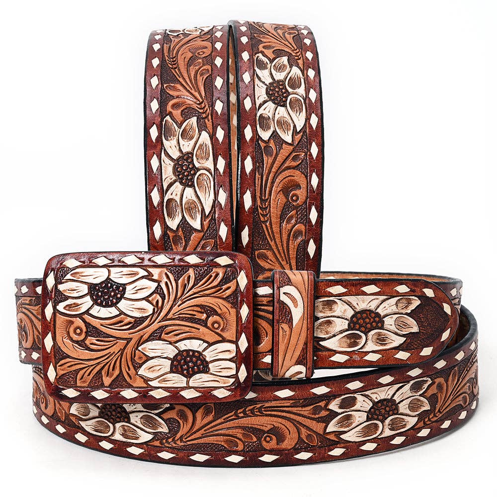 ADBLF178 Handtooled Western Leather Belt - White Floral Inlay with Scroll Pattern