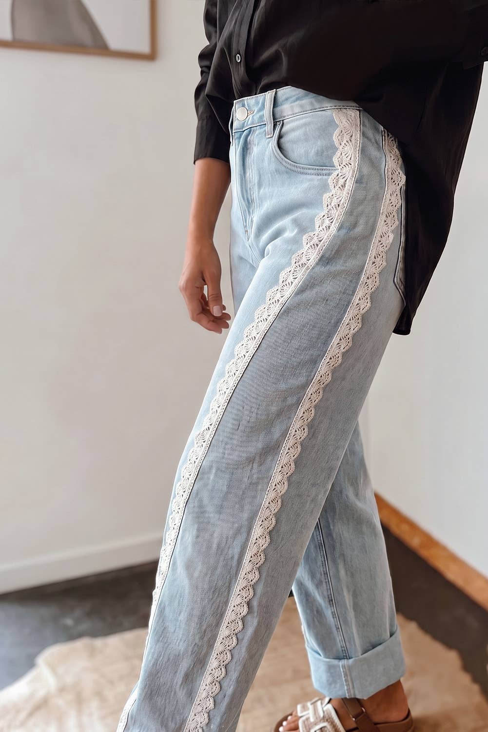 Fall 26 Lace Trim Casual Full-Length Regular Fit Jeans