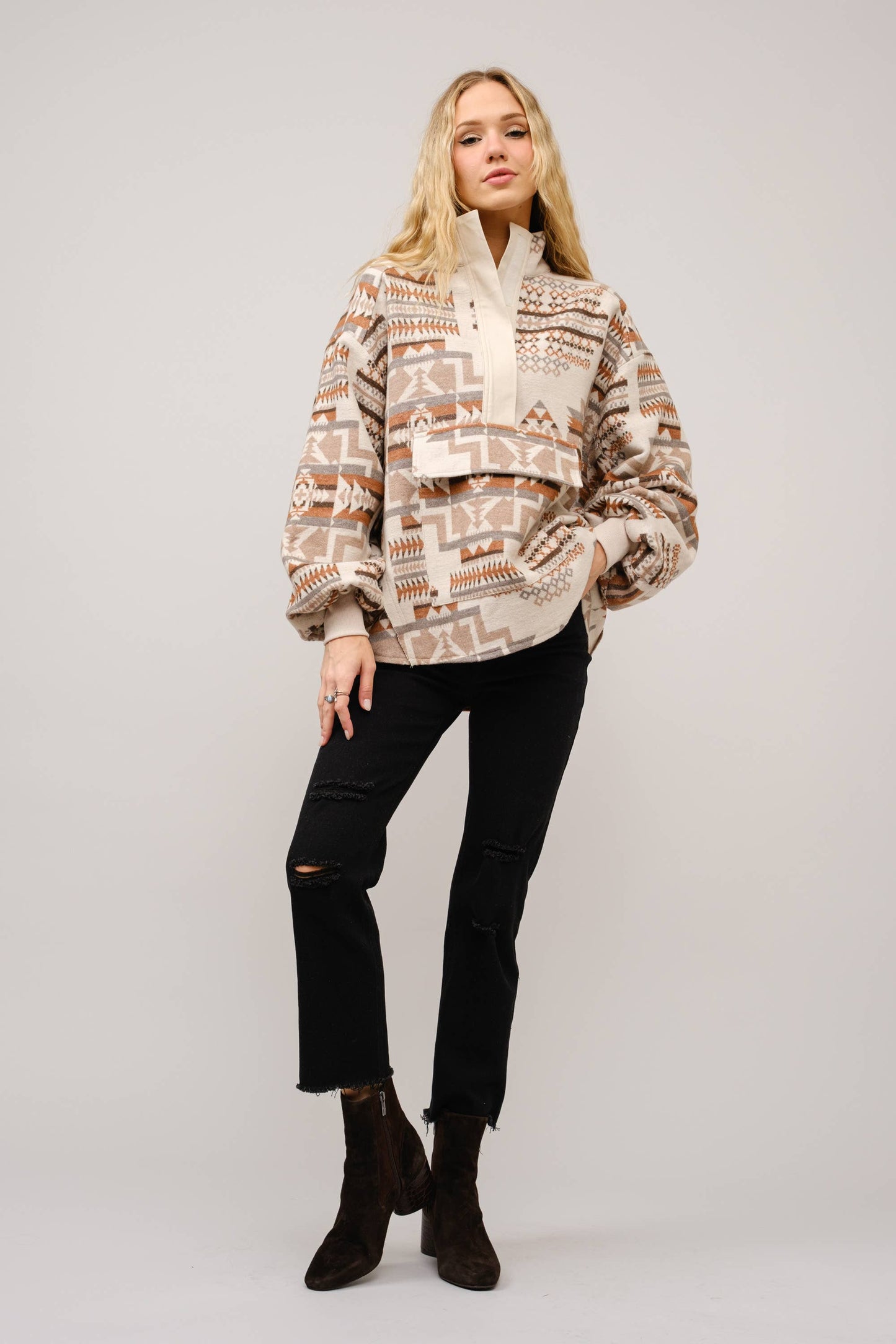 Aztec Jacquard Mock Neck Pullover