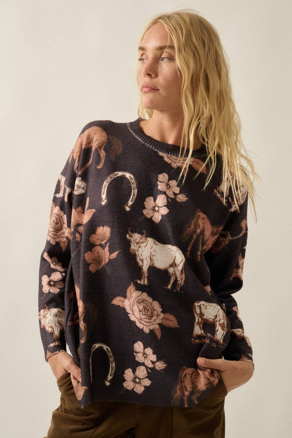 Allover Western Floral-Print Knit Sweater