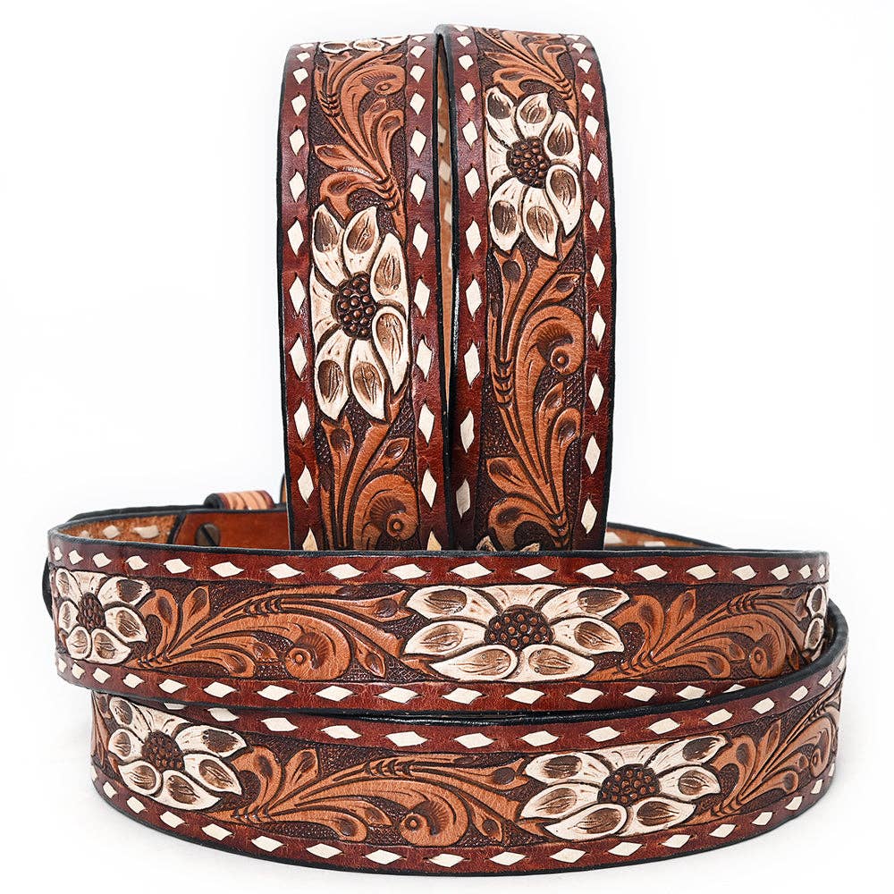 ADBLF178 Handtooled Western Leather Belt - White Floral Inlay with Scroll Pattern