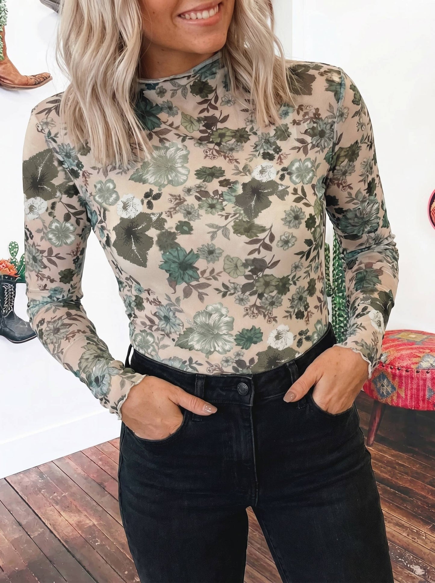 Green Floral Long Sleeve Mesh Top