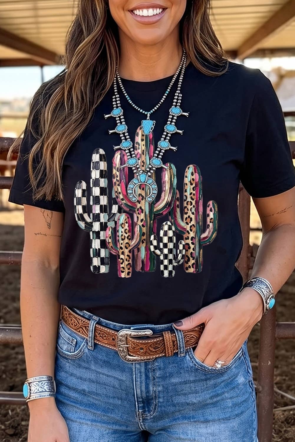 Western Mixed Pattern Cactus Graphic Print Relaxed T-Shirt