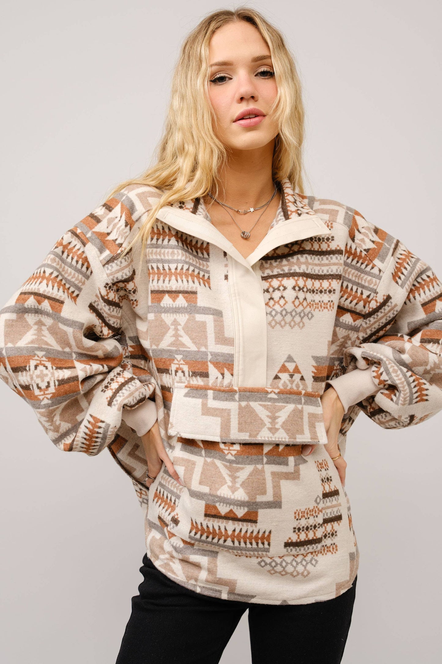 Aztec Jacquard Mock Neck Pullover