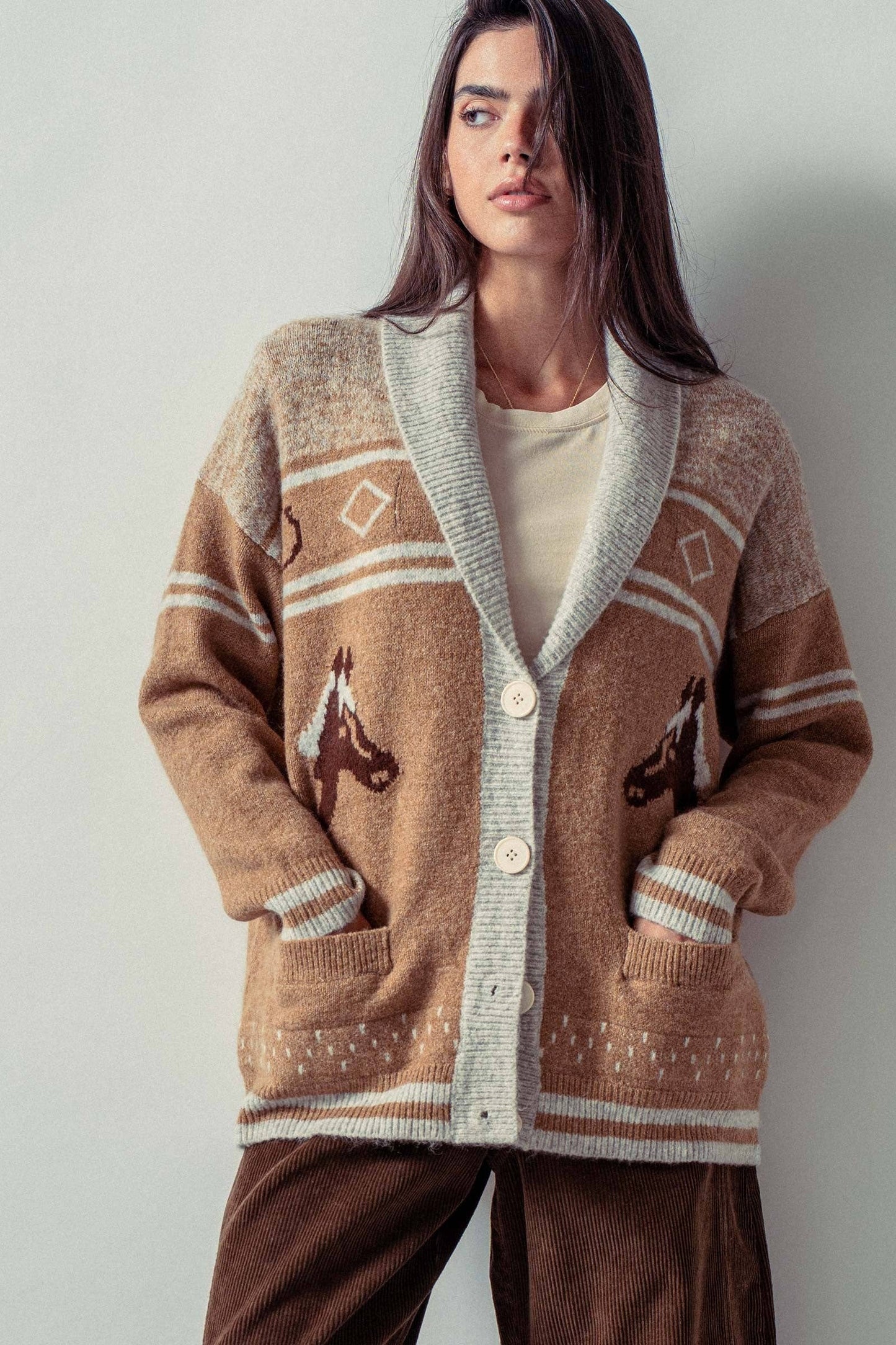 Retro Knit Shawl Cardigan with Horse Pattern