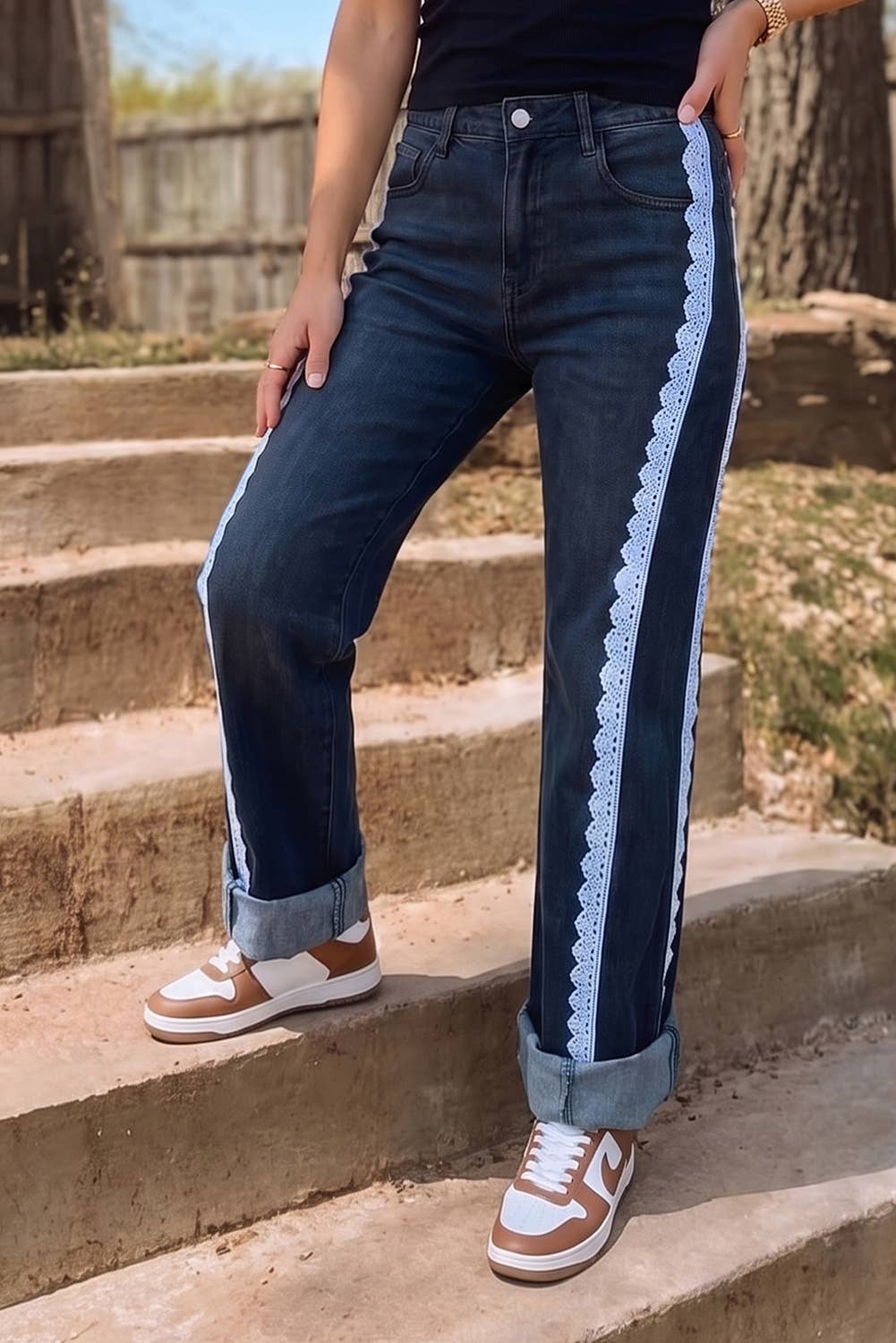 Fall 26 Lace Trim Casual Full-Length Regular Fit Jeans