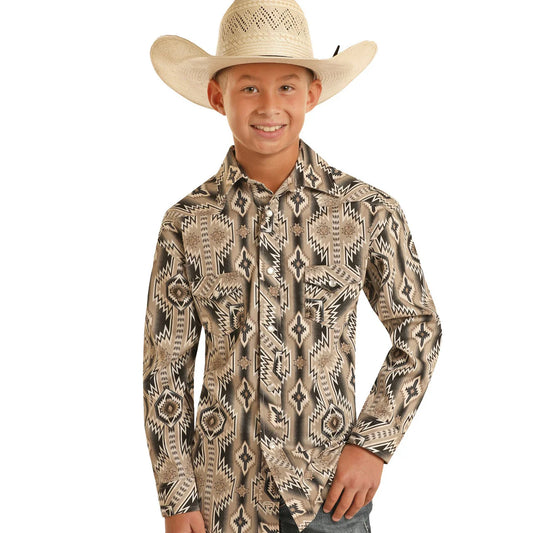 Rock & Roll Denim Boys Black & Brown Aztec Long Sleeve Snap Shirt