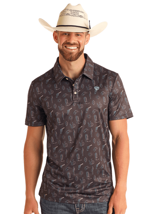 Rock & Roll Denim Men's Dark Brown Western Guns Printed Polo