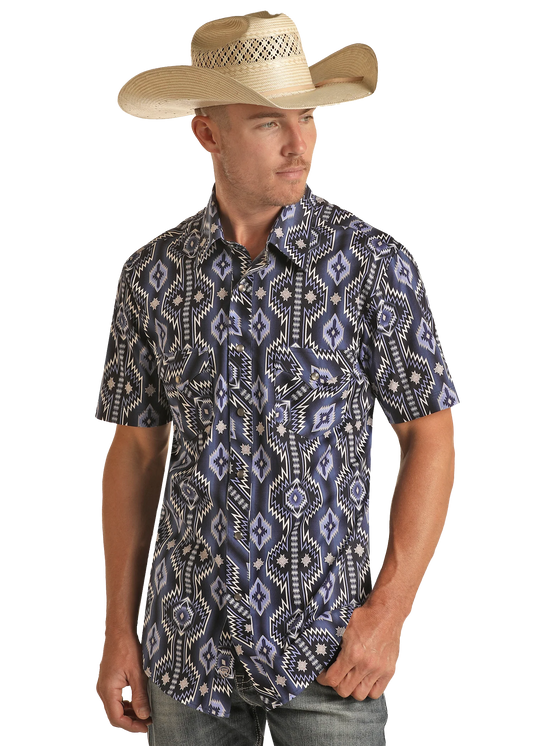 Rock & Roll Denim Blue Bold Aztec Short Sleeve Button Up