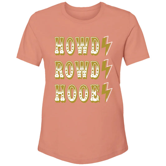 “Howdy, Rowdy, Hooey” Ladies Terracotta Heather Crew Neck Short Sleeve T-Shirt