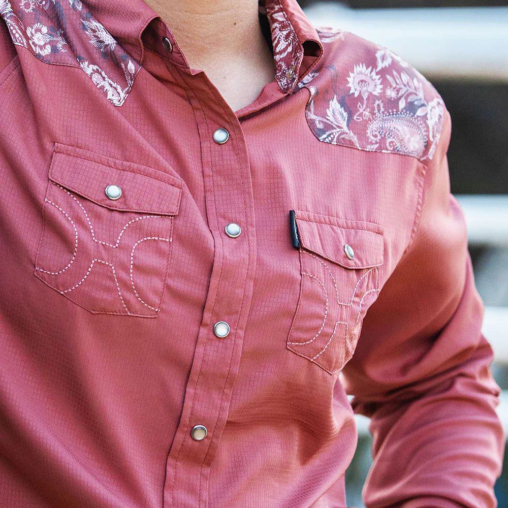 “Sol” Ladies Violet Western Floral Pattern All Over Long Sleeve Pearl Snap