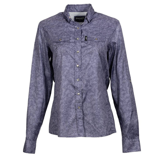 “Sol” Ladies Violet Western Floral Pattern All Over Long Sleeve Pearl Snap