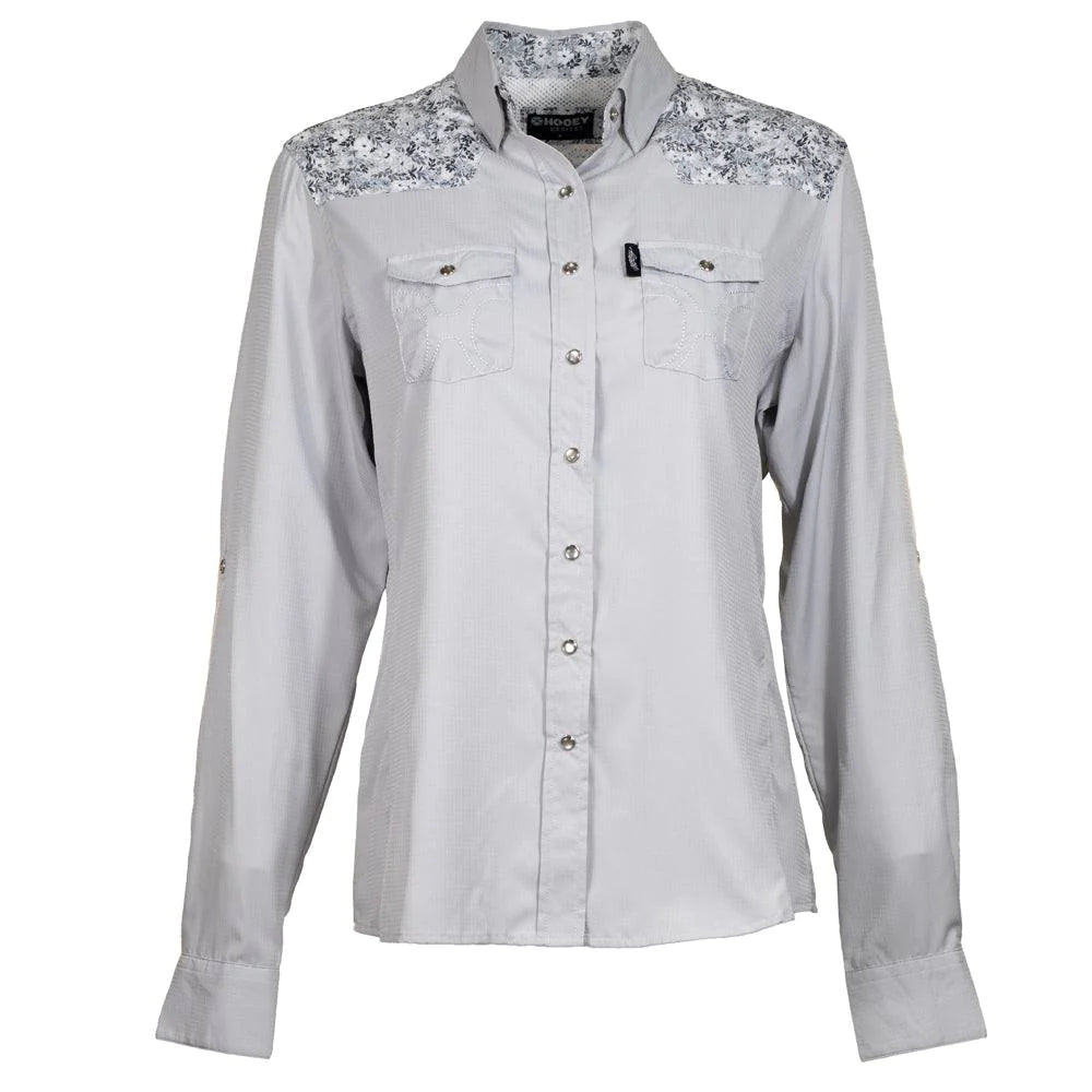 “Sol” Ladies Grey Floral Pattern on Yoke Long Sleeve Pearl Snap