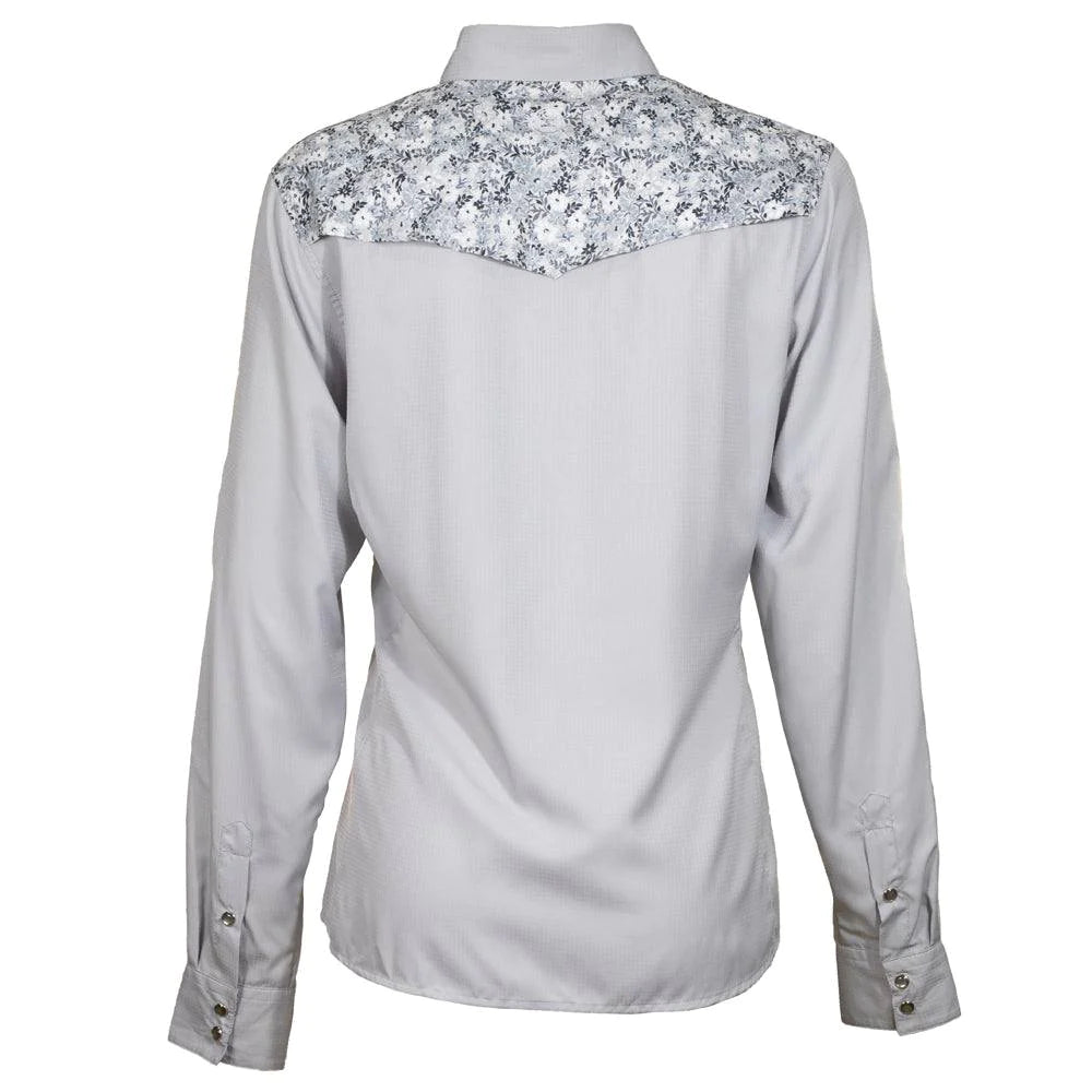 “Sol” Ladies Grey Floral Pattern on Yoke Long Sleeve Pearl Snap