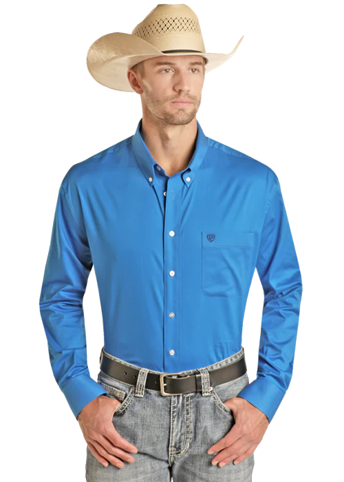 Rock & Roll Denim Solid Electric Blue Long Sleeve Button-up Shirt