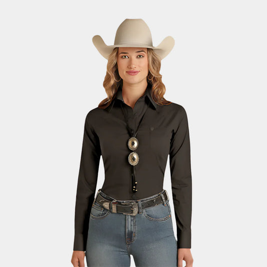 Rock & Roll Ladies Black Solid Long Sleeve Button-up Shirt