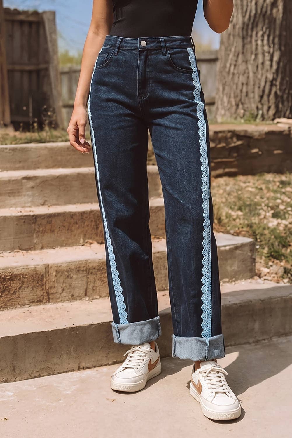 Fall 26 Lace Trim Casual Full-Length Regular Fit Jeans